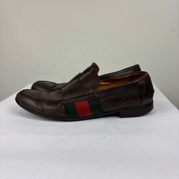 Gucci Brown Leather Web Slip On Loafers Men's 9 - Picture 5 of 15